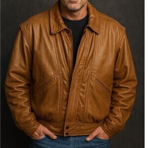 CACCIA Men's SZ M Vintage Camel Color Buttery Soft Leather Bomber Jacket 80's